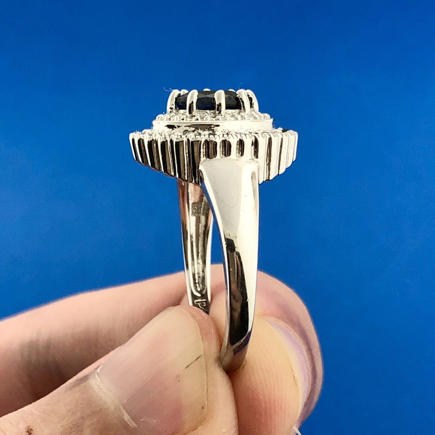 Desinger PAJ 925 Sterling Silver Oval Sapphire Halo September Anniversary Ring