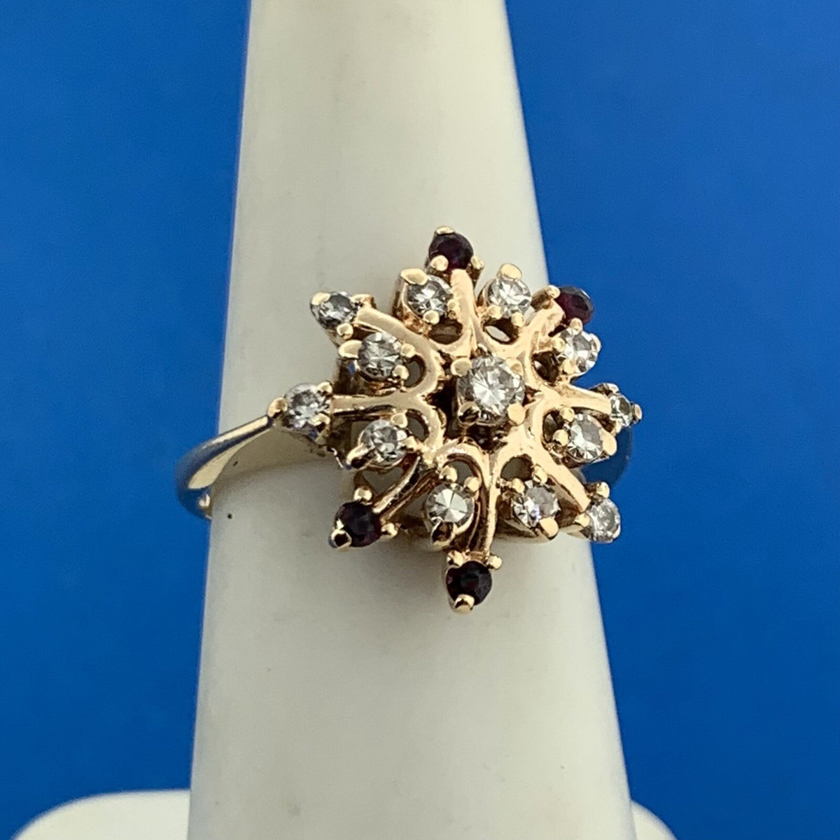 Designer 14K Yellow Gold Diamond Ruby Accent Starburst Snowflake Cocktail Ring