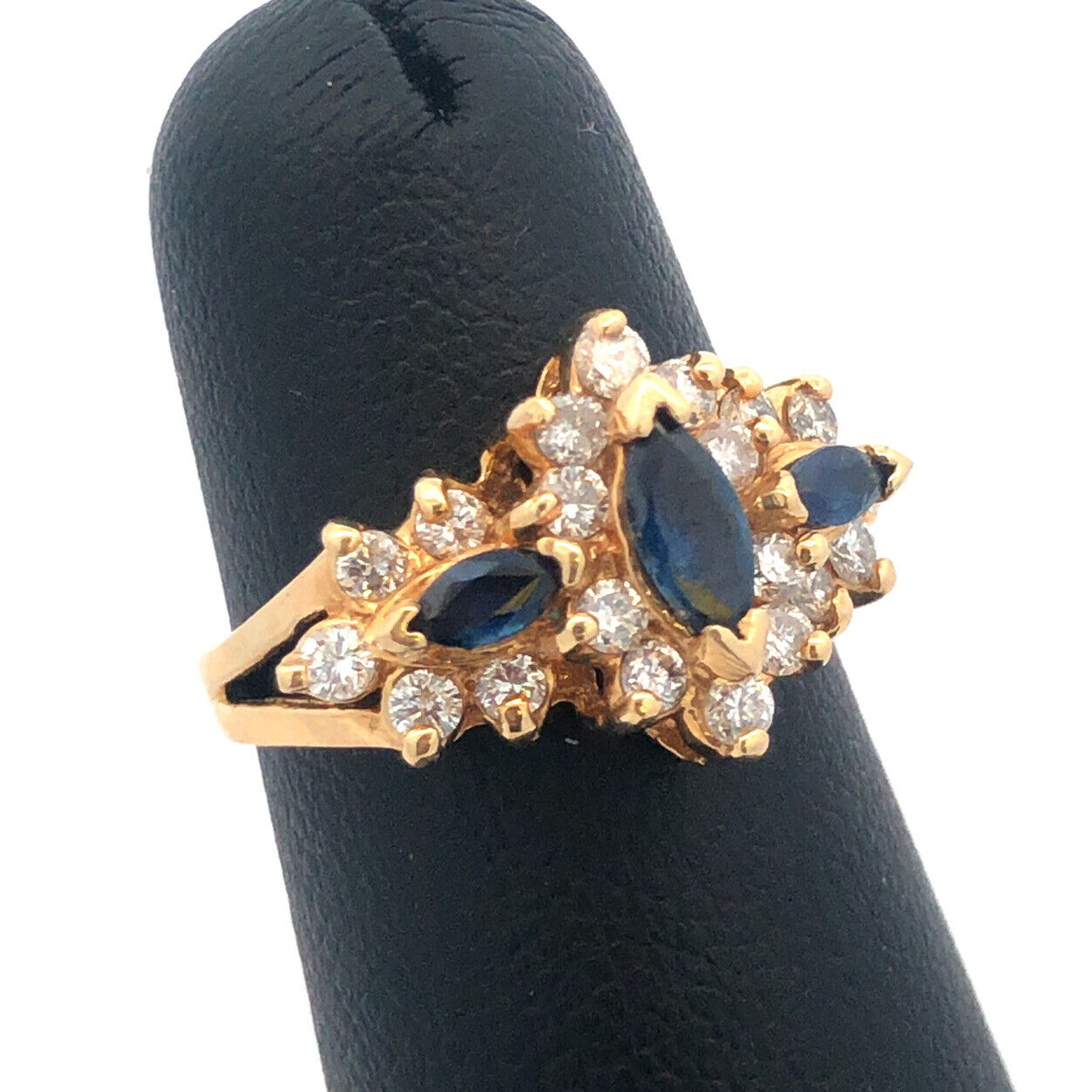14K Yellow Gold Sapphire Diamond Halo Cluster Anniversary Bridal Cocktail Ring