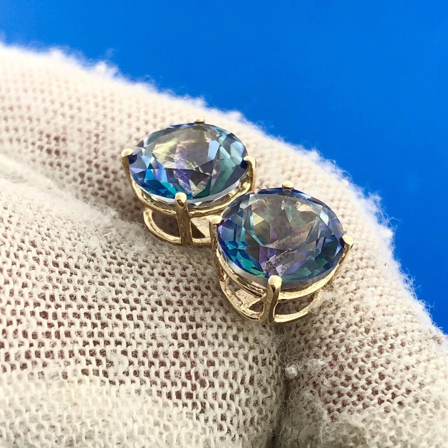 Designer SJI 14K Yellow Gold Round Iolite Solitaire Statement Stud Earrings