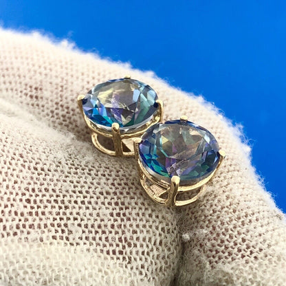 Designer SJI 14K Yellow Gold Round Iolite Solitaire Statement Stud Earrings