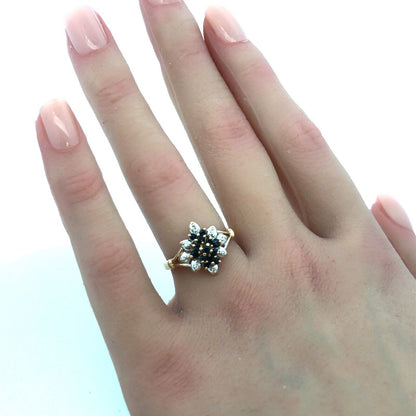 Vintage 10K Yellow Gold Sapphire Diamond Flower Waterfall Cluster Cocktail Ring