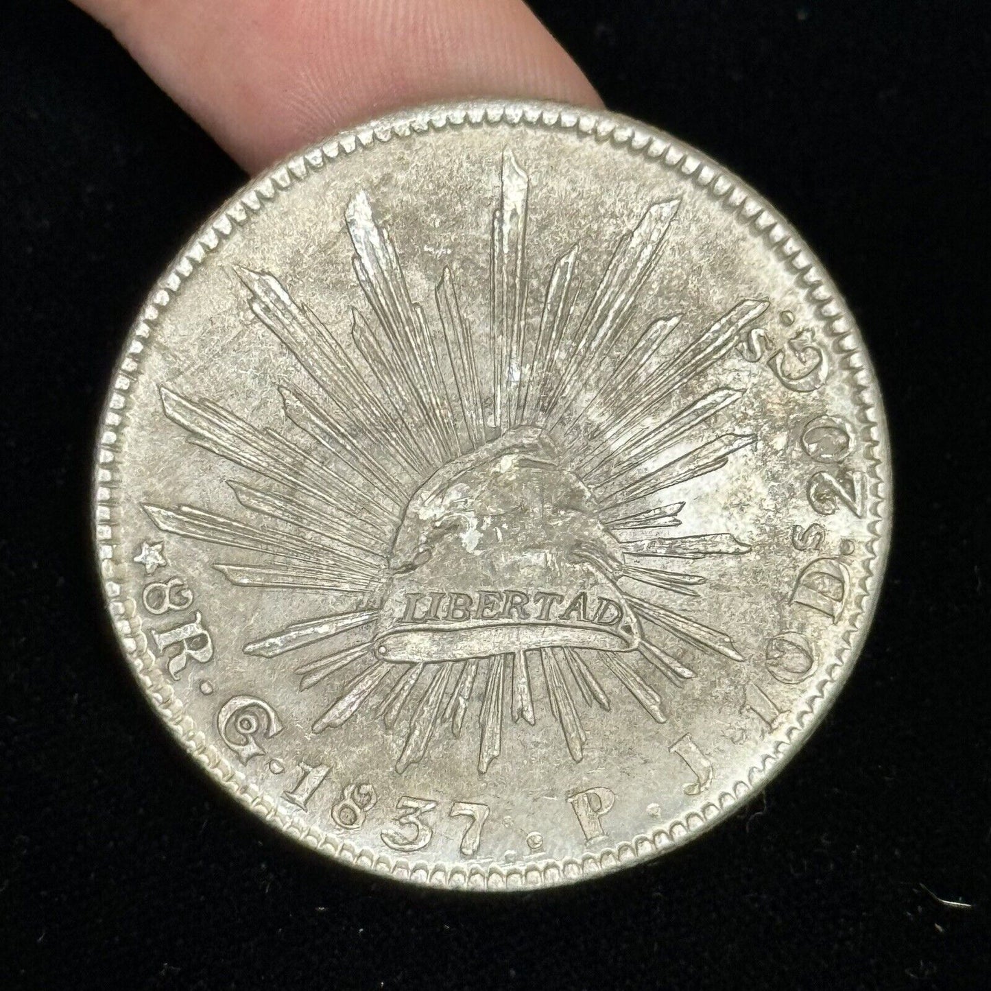 1837 Go Guanajuato Mexico 8 Reales P.J. Cap & Rays Libertad .903 Silver Coin