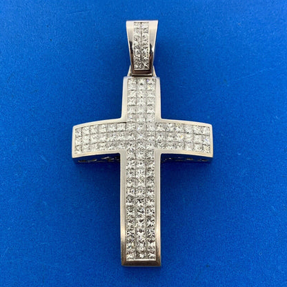 Custom 18K White Gold Princess Diamond Encrusted Statement Cross Pendant