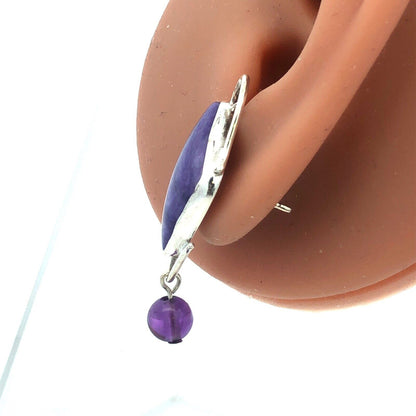 Vintage 925 Sterling Silver Triangle Charoite Amethyst Statement Stud Earrings