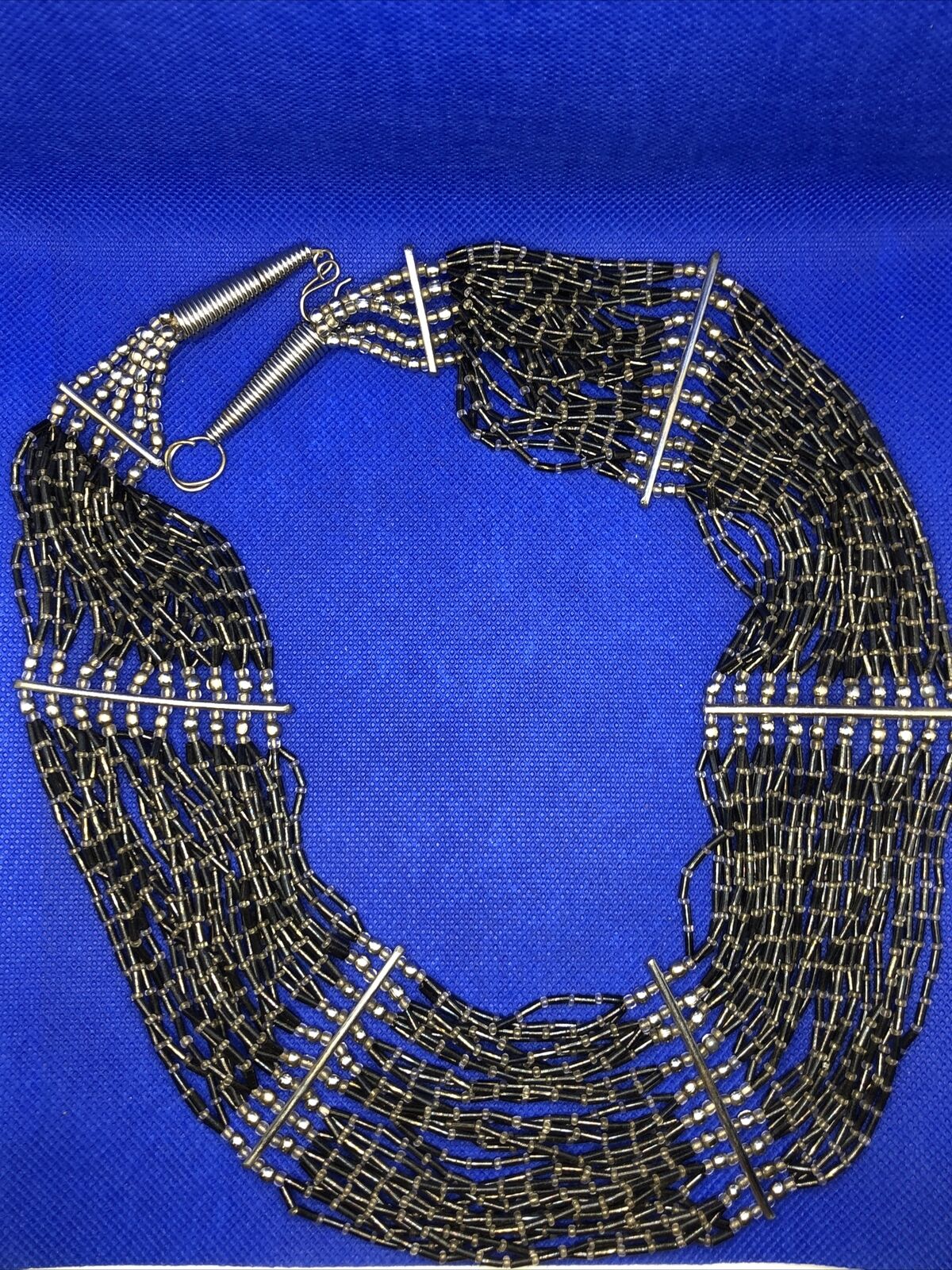 Vintage Silver Tone Black White Silver Bead Statement Cleopatra Collar Necklace