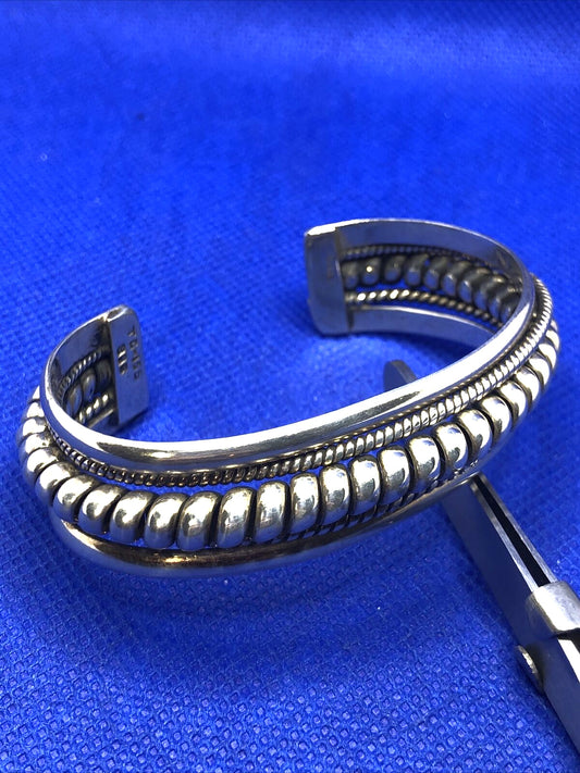 Taxco TC-155 925 Sterling Silver Ribbed Rope Twist Open Statement Cuff Bracelet