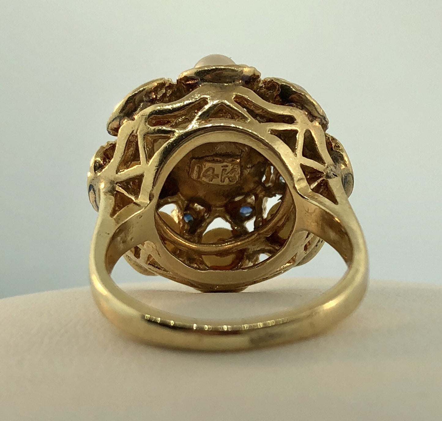 Vintage 14K Yellow Gold Pearl Sapphire Princess Style Cocktail Ring