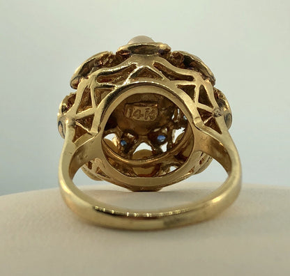 Vintage 14K Yellow Gold Pearl Sapphire Princess Style Cocktail Ring