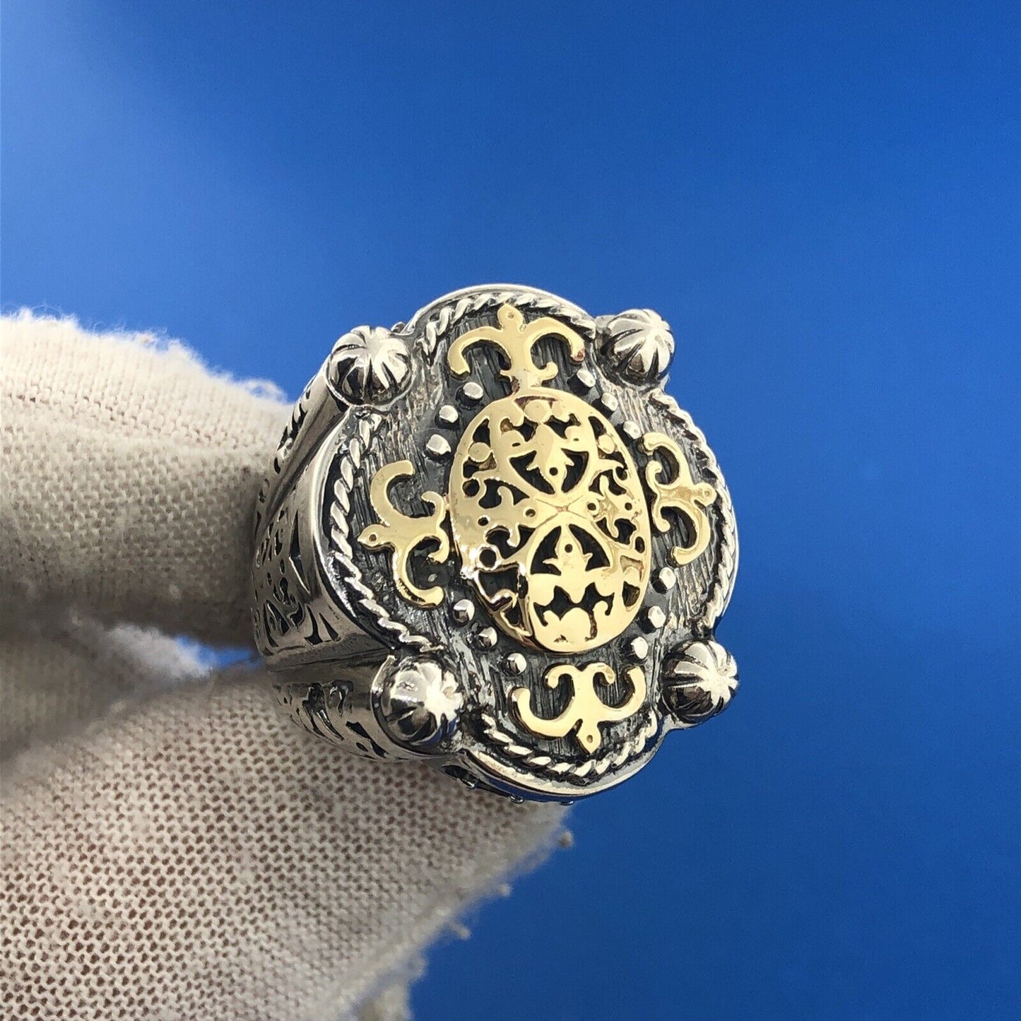 925 Sterling Silver 18K Gold Fleur De Lis Gothic Large Ring