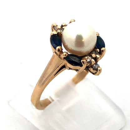 Designer 14K Yellow Gold Pearl Solitaire Sapphire Diamond Accented Cocktail Ring