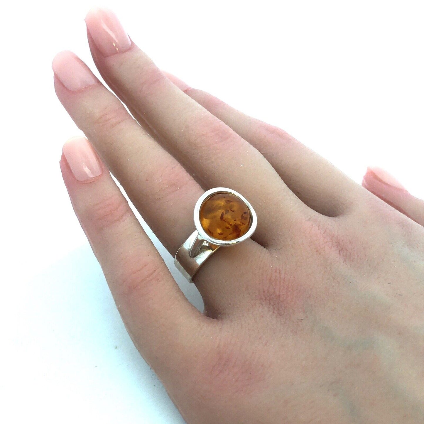 Vintage 925 Sterling Silver Yellow Amber Ball Marble Statement Ring
