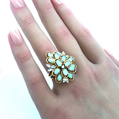 Lovely 14k Yellow Gold Opal Diamond Accent Floral Cluster Freeform Ring