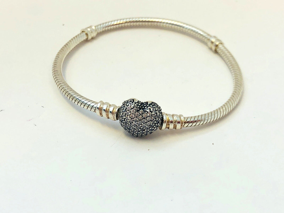 Authentic Pandora 925 Sterling Silver Pave Heart Clasp 590727CZ Charm Bracelet