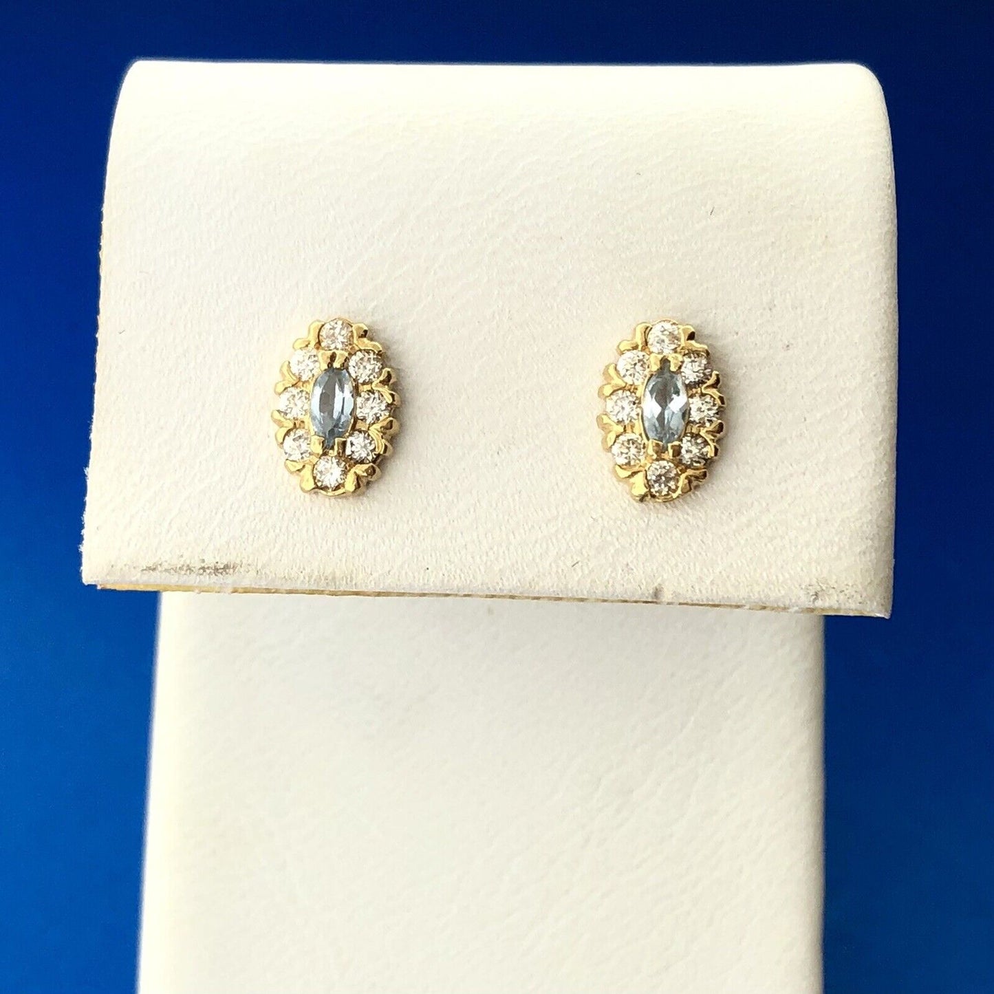 18K Yellow Gold Blue Tourmaline Cubic Zirconia CZ Halo Petite Stud Earrings