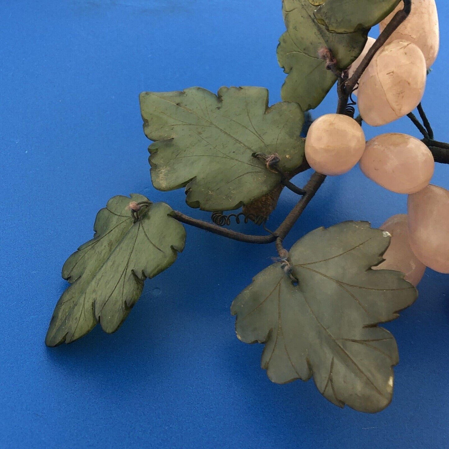 Mid Century Rose Quartz Grape Cluster Hand Carved Jade Leaves Decorative