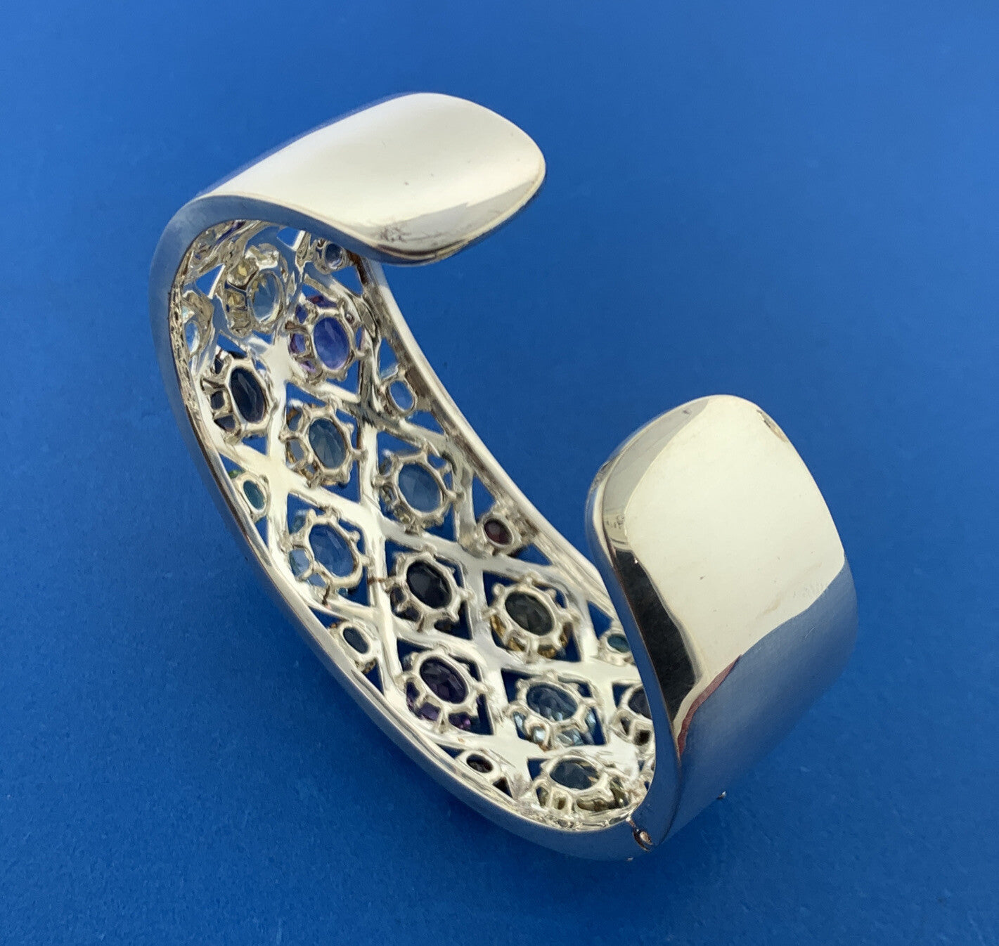 Designer Sterling Silver Multicolor Oval Quartz Statement Hinged Cuff Bracelet