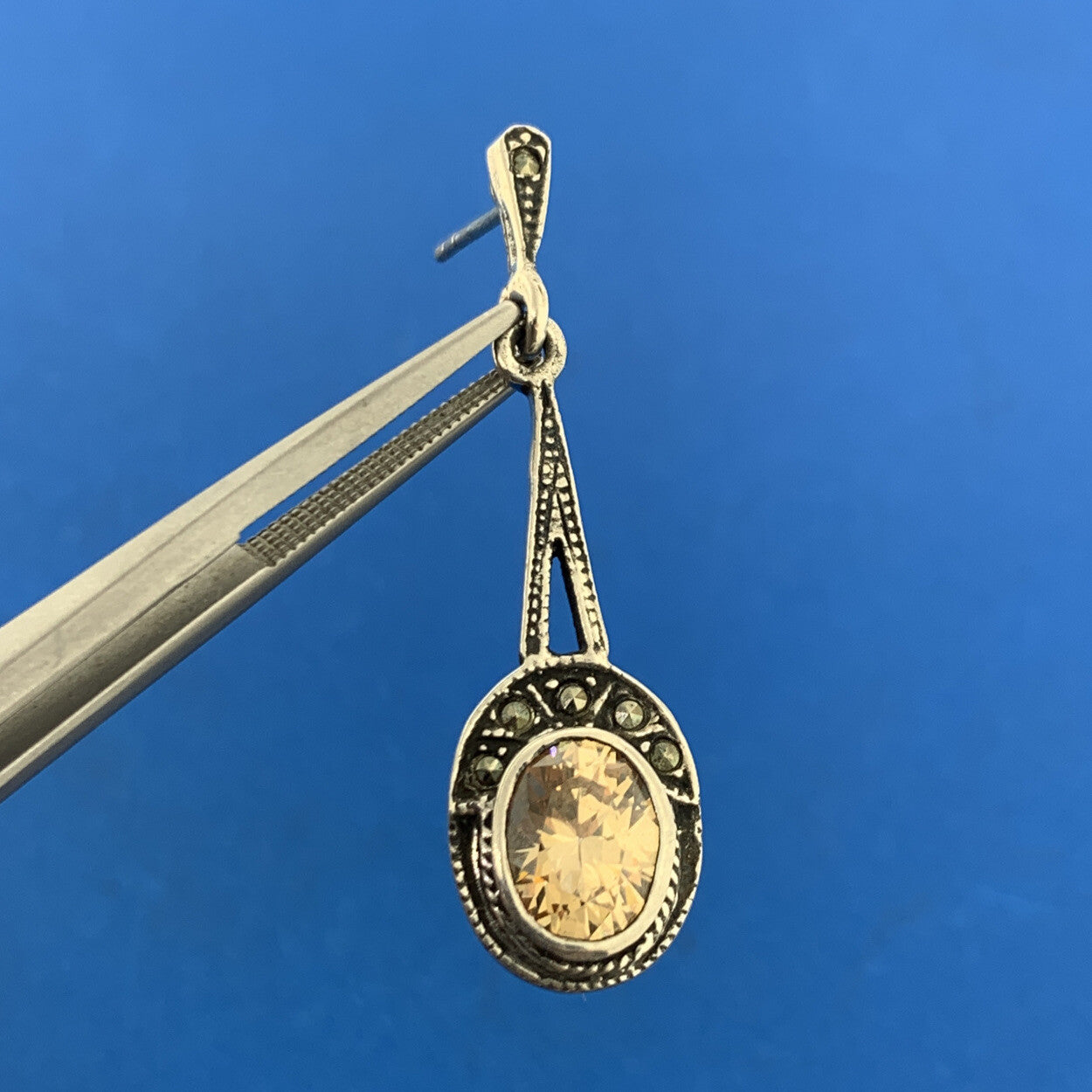 Art Deco Artisan 925 Sterling Silver Citrine Marcasite Drop Dangle Earrings