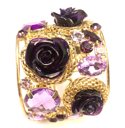 Designer Gold Tone Purple Cubic Zirconia Acrylic Statement Open Cuff Bracelet