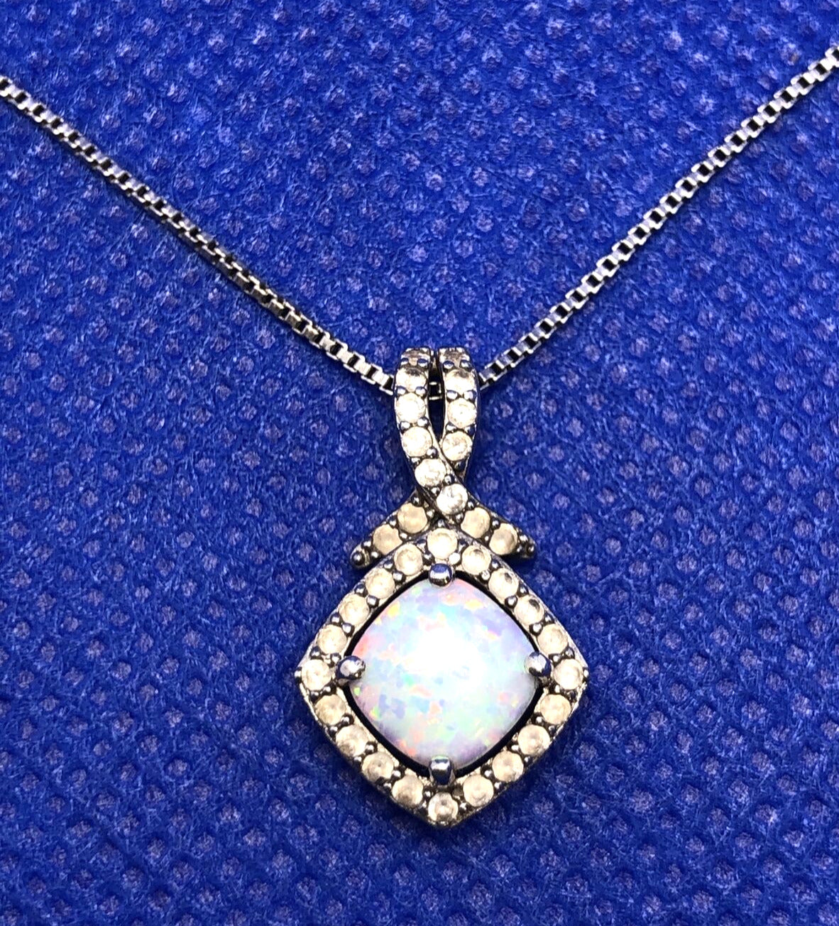 Designer SUN 925 Sterling Silver Opal and Diamond Halo Accent Pendant Necklace