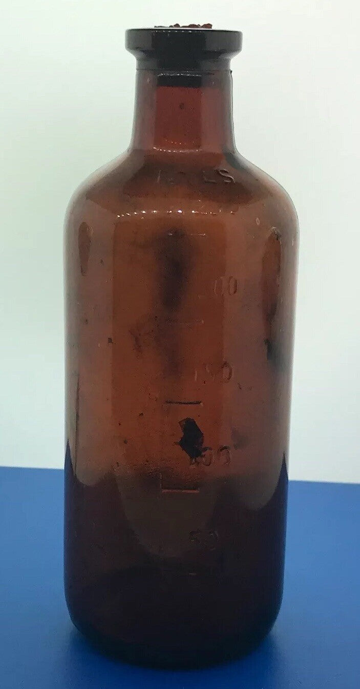 1933 Owens Illinois Glass 250 Mils Apothecary Bottle Amber Brown Alton IL w/Cork