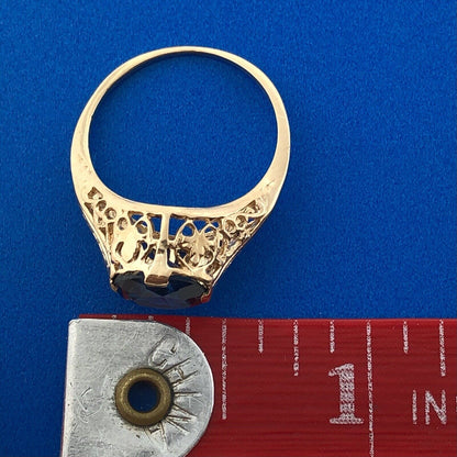 Mid Century 14K Yellow Gold Oval Blue Sapphire Solitaire Filigree Cocktail Ring