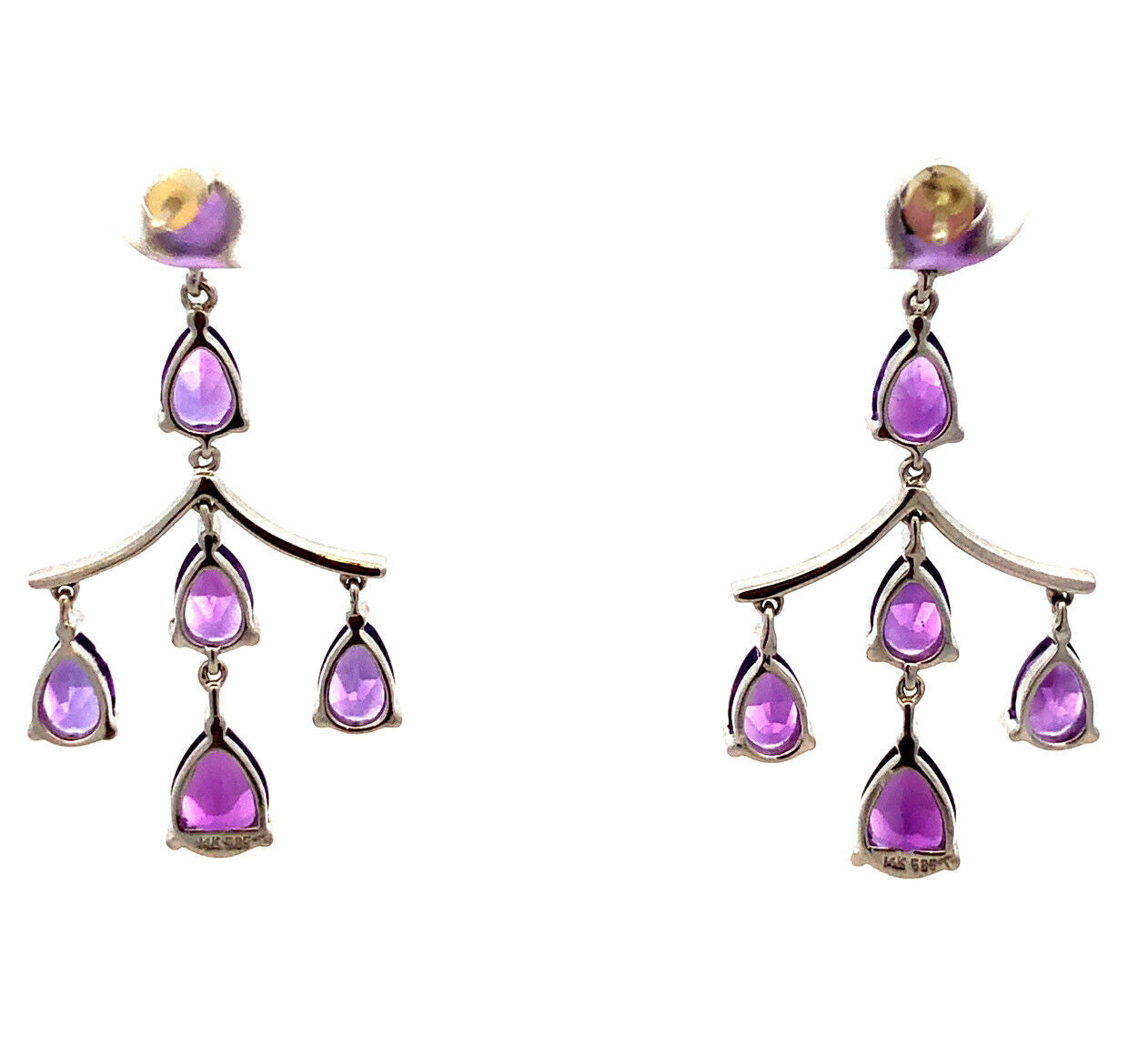 14K White Gold Designer Pear Round Amethyst Chandelier Stud Dangle Earrings