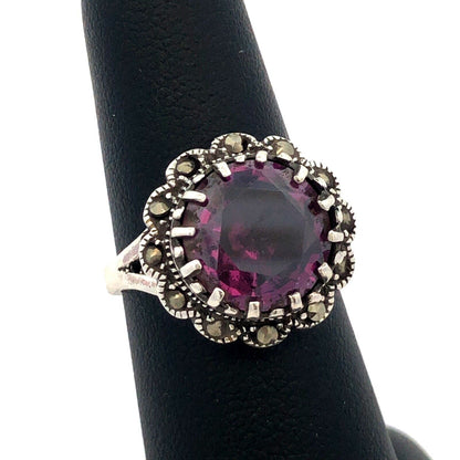 Vintage F 925 Sterling Silver Round Amethyst Marcasite Flower Cocktail Ring