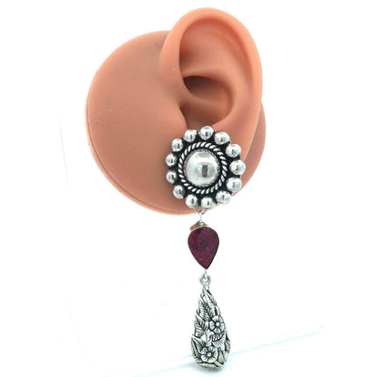 Designer CII Mexico 925 Sterling Silver Pear Ruby Floral Dangle Stud Earrings