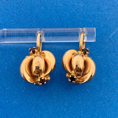 Vintage Hallmarked 18K 750 Yellow Gold Garnet Modernist Leverback Earrings