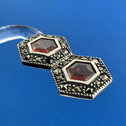 Sterling Silver Garnet Marcasite January Occasion Statement Stud Earrings