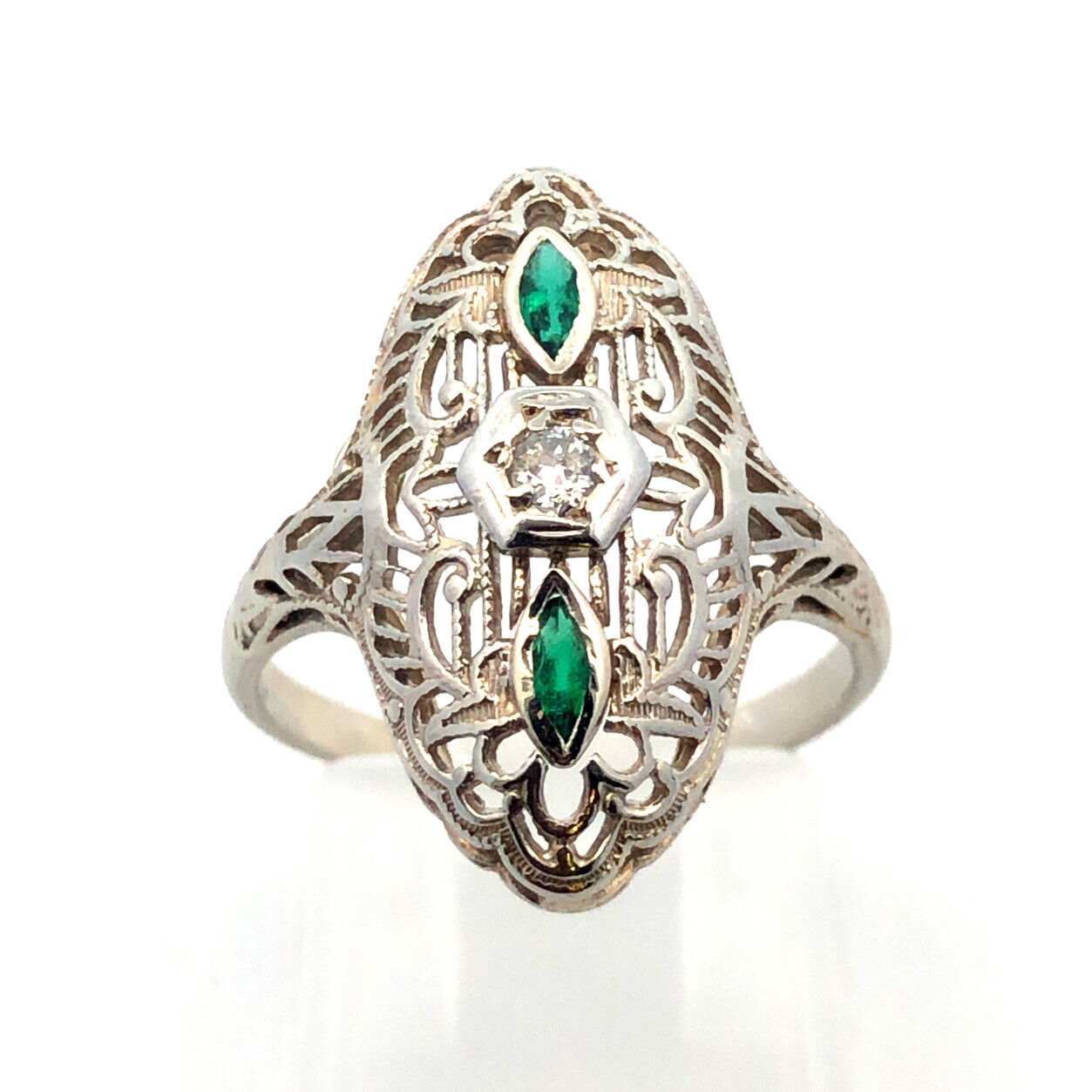 Designer Art Deco 14K White Gold Diamond Emerald Accent Filigree Cocktail Ring