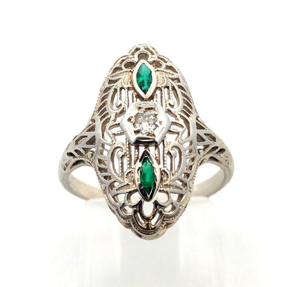 Designer Art Deco 14K White Gold Diamond Emerald Accent Filigree Cocktail Ring