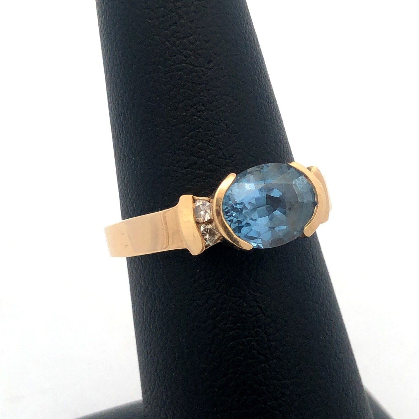 Estate Designer 14K Yellow Gold Oval Blue Topaz Diamond Accented Cocktail Ring