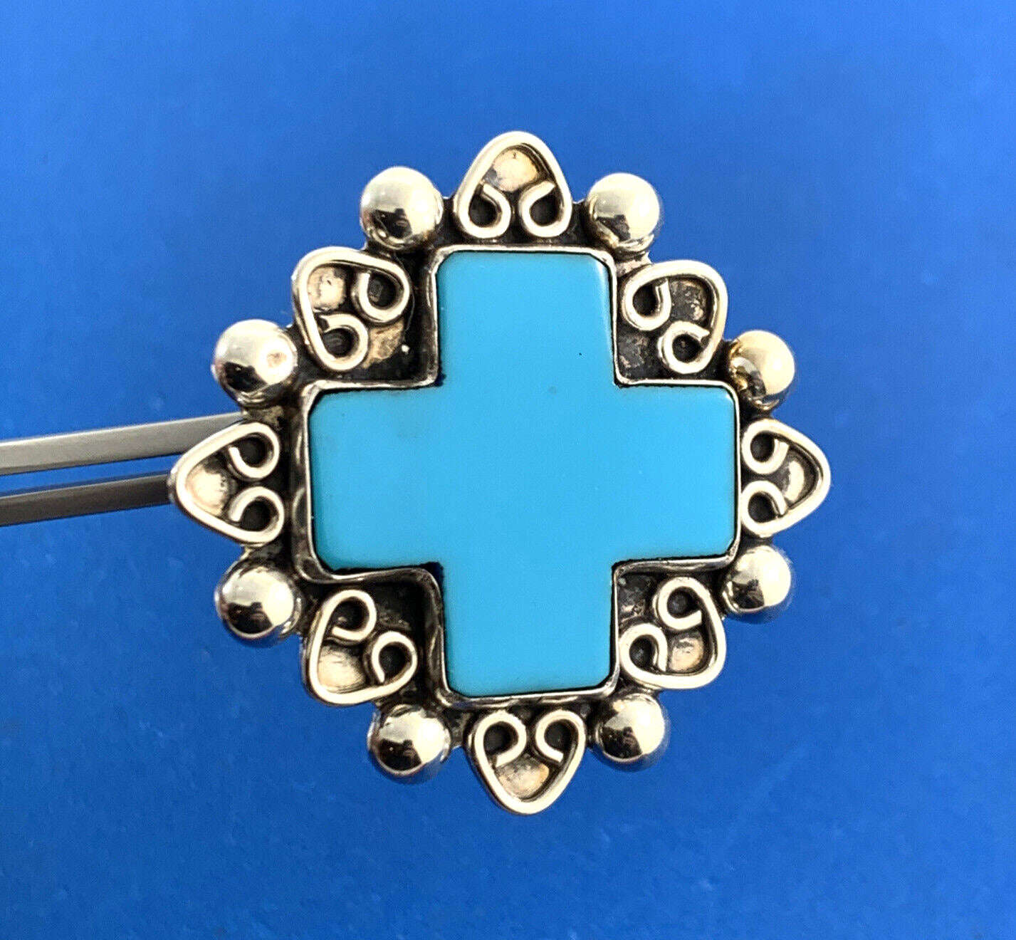 Taxco Mexico 925 Sterling Silver Turquoise Cross Statement Pendant