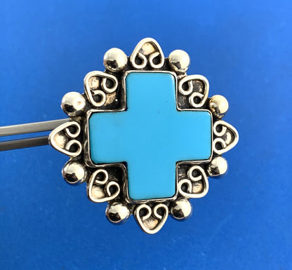 Taxco Mexico 925 Sterling Silver Turquoise Cross Statement Pendant