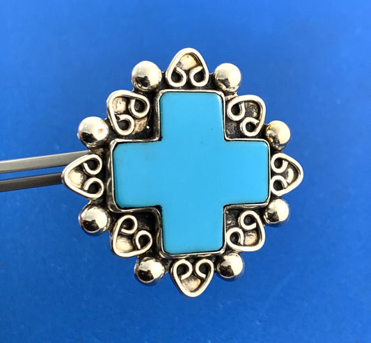 Taxco Mexico 925 Sterling Silver Turquoise Cross Statement Pendant