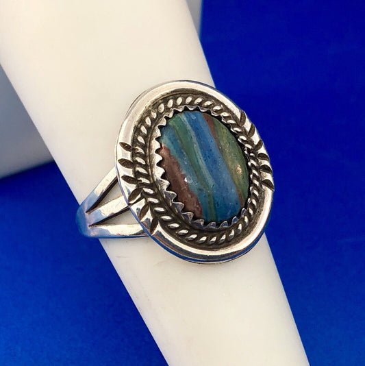 Vintage Southwestern Sterling Silver 925 Multi Colored Jasper Agate Concho Ring