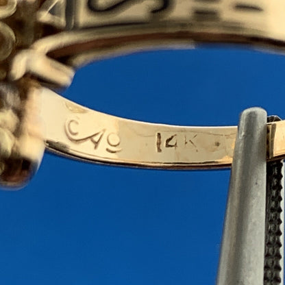 Art Deco Heirloom 14K Yellow Gold Diamond Trio Black Enamel Cocktail Ring