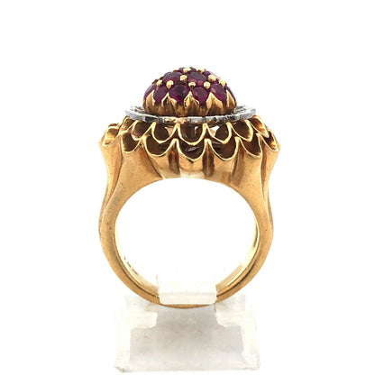 Vintage Artisan 18 Yellow Gold Ruby Diamond Cluster Dome Statement Cocktail Ring