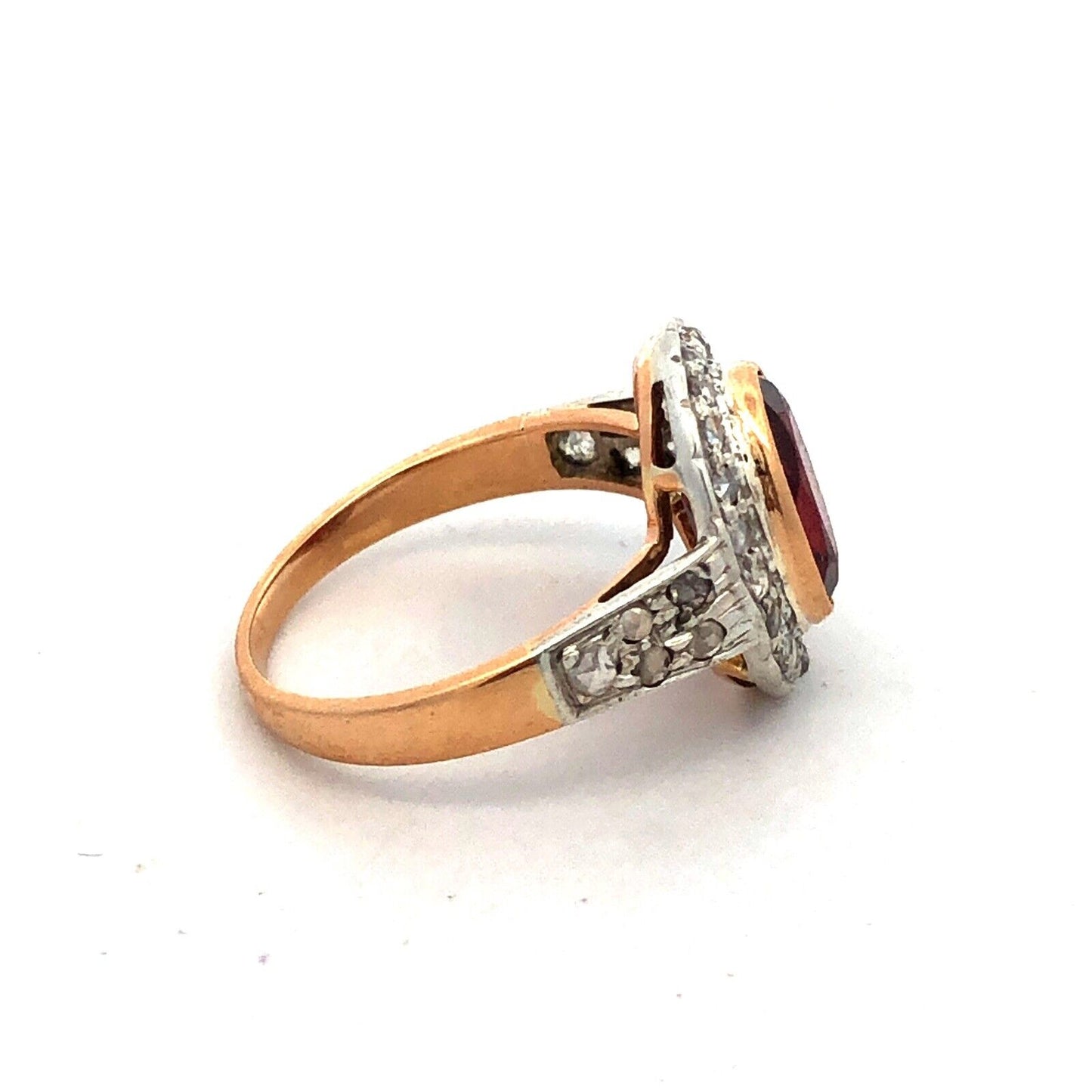 Vintage 18K Yellow Gold Oval Red Garnet Bezel Diamond Halo Cocktail Ring