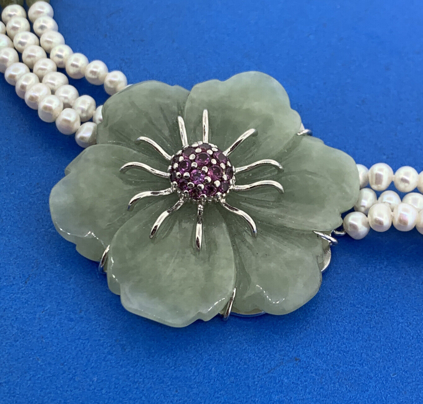 Designer Sterling Silver Carved Jade Pearl Pink Tourmaline Statement Necklace