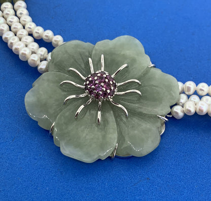 Designer Sterling Silver Carved Jade Pearl Pink Tourmaline Statement Necklace