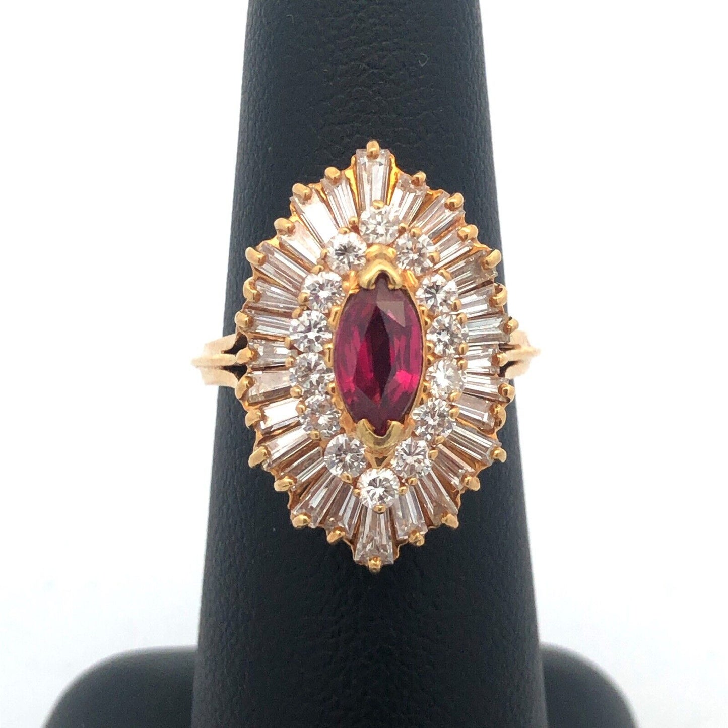 Designer 18K Yellow Gold Marquise Ruby Diamond Double Halo Statement Sz 6.5 Ring