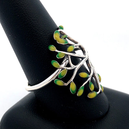 925 Sterling Silver Vintage Green Enamel Tree Of Life Leaves Nature Ring