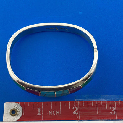 Vintage Taxco Signed 925 Sterling Silver Multi Gem Inlay Hinged Cuff Bracelet