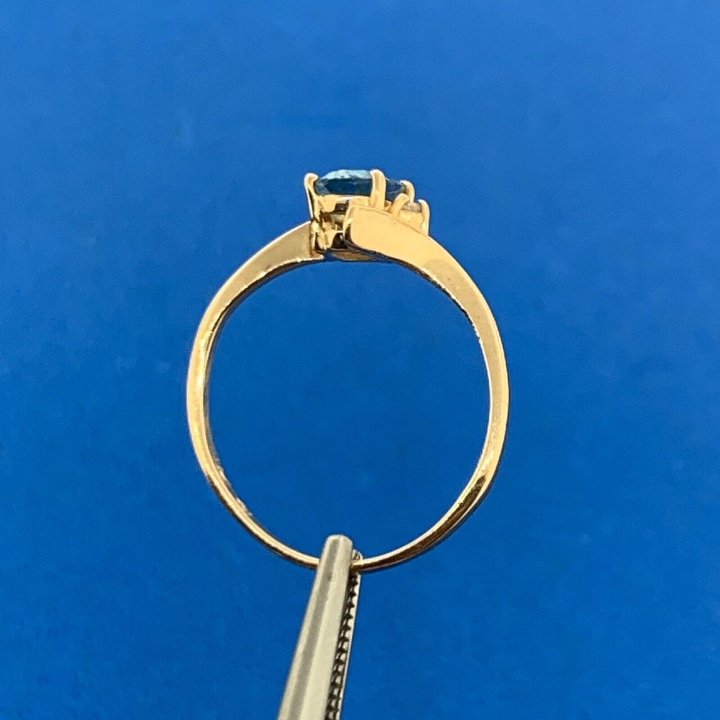 Designer 14K Yellow Gold Oval Blue Topaz Diamond Accent Size 4.5 Ring