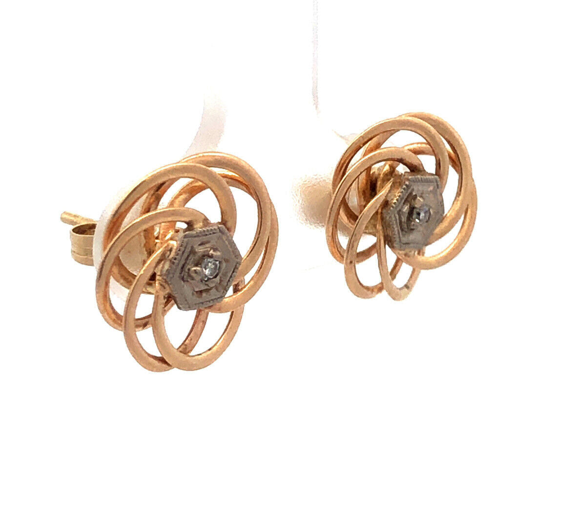 Designer 14K Yellow Gold Diamond Spiral Modernist Floral Statement Stud Earrings