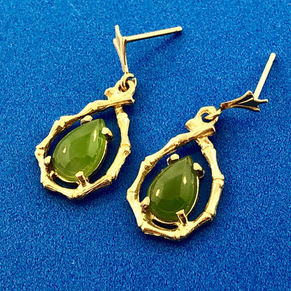 Vintage Estate 14K Yellow Gold Pear Jade Jadeite Bamboo Drop Dangle Earrings
