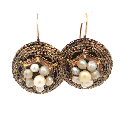 Mid Century 14K Yellow Gold Pearl Cluster Bird Nest Statement Drop Earrings